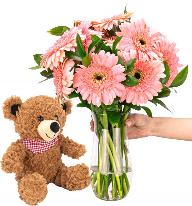 Ayıcıklı  Pembe Gerbera Aranjmanı